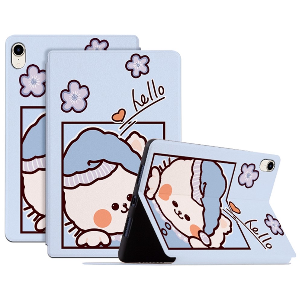 For iPad mini (2024) / mini (2021) Cartoon Pattern Printed Anti-Drop PU Leather Cover Shockproof Stand Tablet Case with Auto Wake / Sleep - Blue Cat / Hello