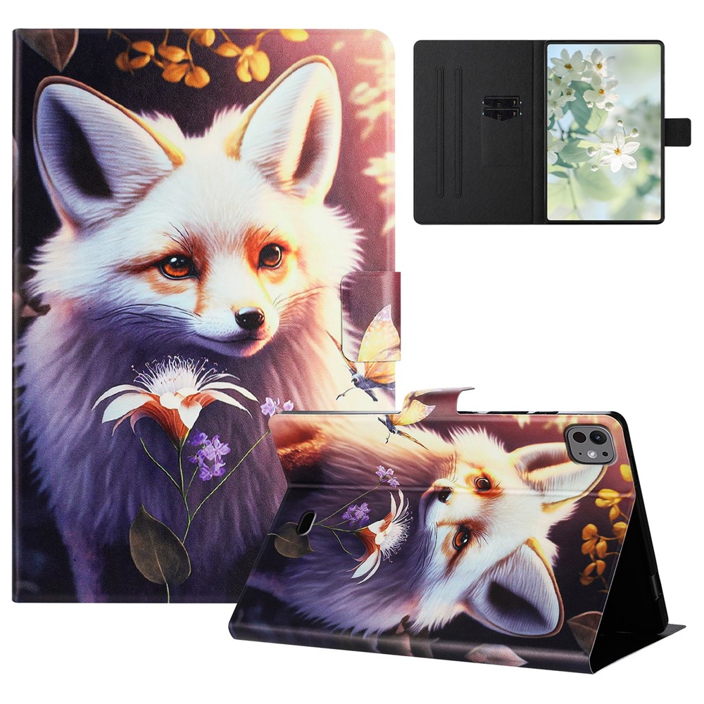 For iPad Pro 11 (2025) / 11 (2024) Case Pattern Printed Stand Litchi Texture Leather Tablet Cover with Card Slots - Fox