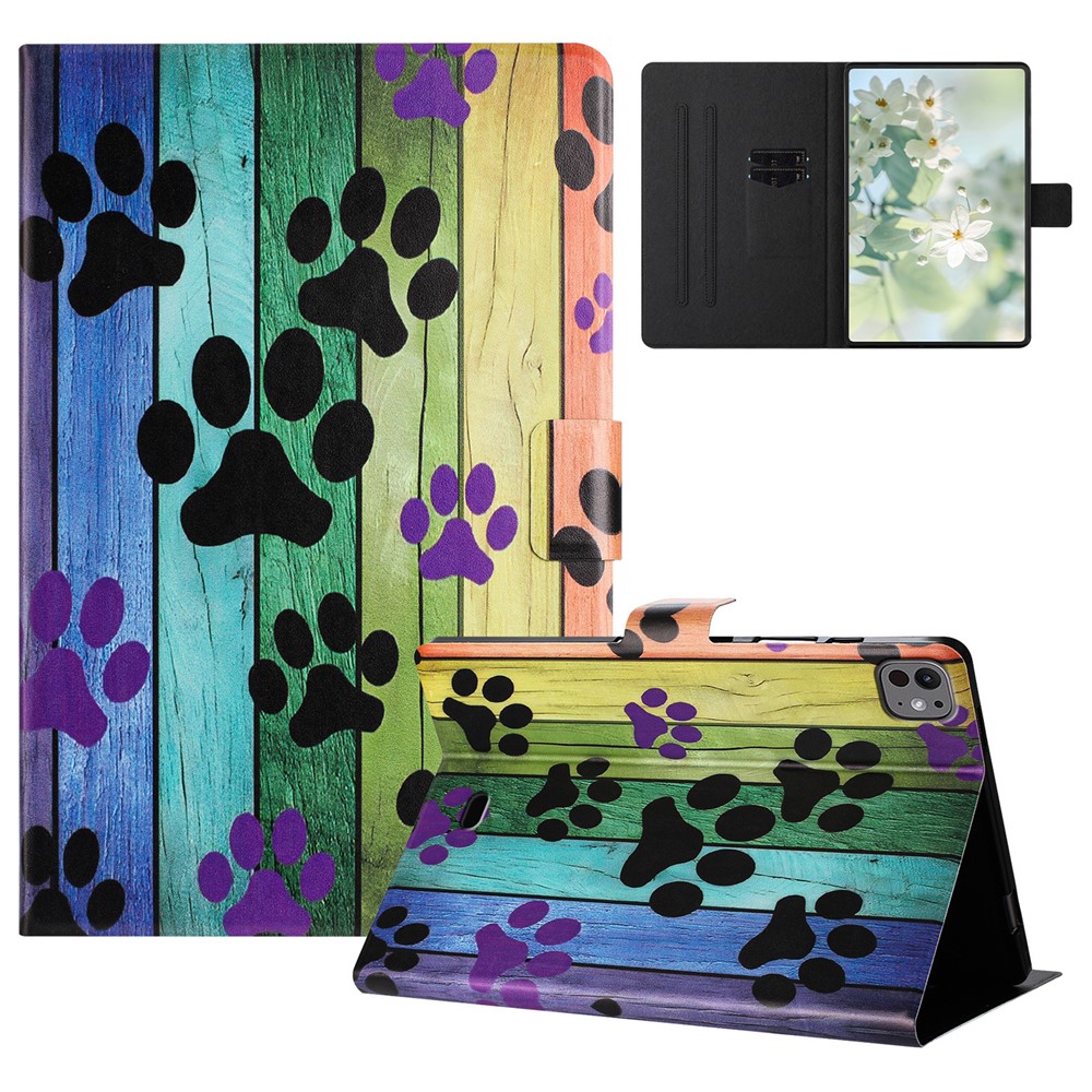 For iPad Pro 11 (2025) / 11 (2024) Case Pattern Printed Stand Litchi Texture Leather Tablet Cover with Card Slots - Cat Claw