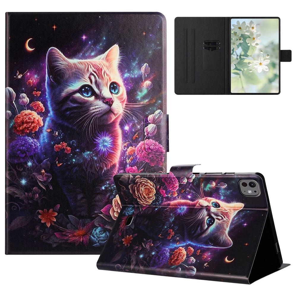 For iPad Pro 11 (2025) / 11 (2024) Case Pattern Printed Stand Litchi Texture Leather Tablet Cover with Card Slots - Cat