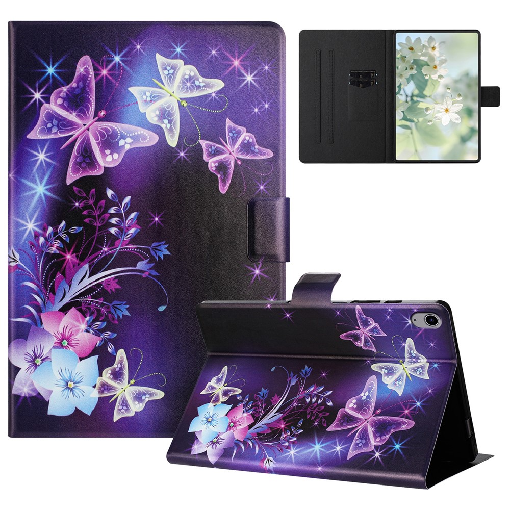 For iPad (2025) / 10.9 (2022) Case Pattern Printed Stand Litchi Texture Leather Tablet Cover with Card Slots - Purple Butterfly