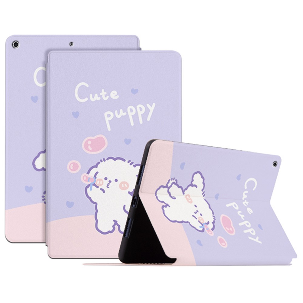 For iPad 10.2 (2021)/(2019)/(2020) Protective Case Cartoon Pattern Printing PU Leather Cover Auto Wake/Sleep Tablet Case with Stand - Bubble Dog
