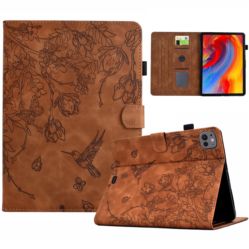 For iPad Pro 11 (2024) Case Flower Bird Imprinted Card Holder Leather Tablet Cover - Brown