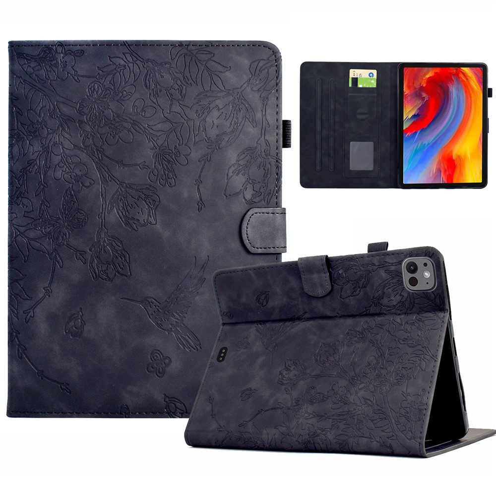 For iPad Pro 11 (2024) Case Flower Bird Imprinted Card Holder Leather Tablet Cover - Black