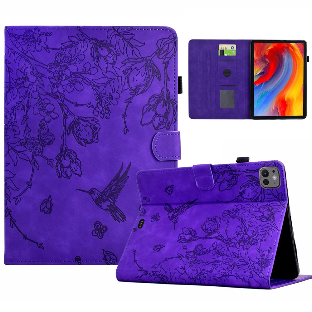 For iPad Pro 11 (2024) Case Flower Bird Imprinted Card Holder Leather Tablet Cover - Purple