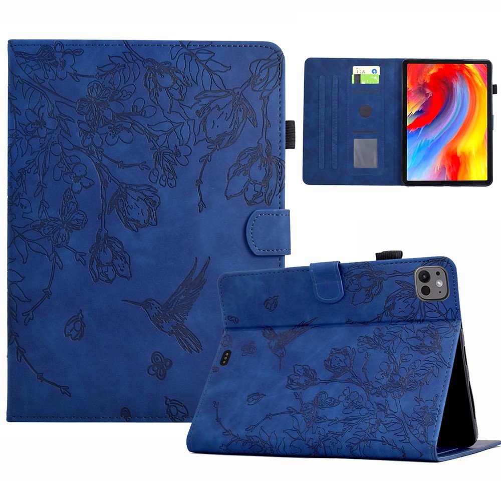 For iPad Pro 11 (2024) Case Flower Bird Imprinted Card Holder Leather Tablet Cover - Dark Blue