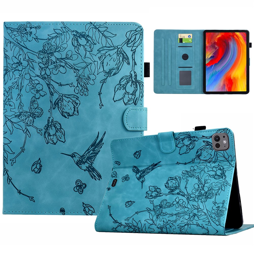 For iPad Pro 11 (2024) Case Flower Bird Imprinted Card Holder Leather Tablet Cover - Baby Blue