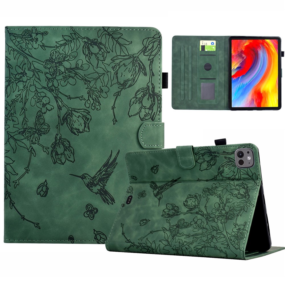 For iPad Pro 11 (2024) Case Flower Bird Imprinted Card Holder Leather Tablet Cover - Green