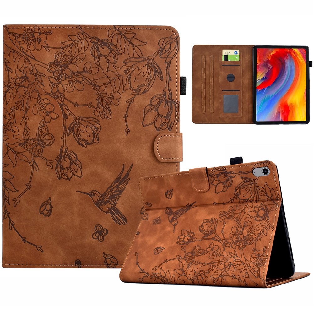 For iPad (2025) / 10.9 (2022) Case Flower Bird Imprinted Card Holder Leather Tablet Cover - Brown