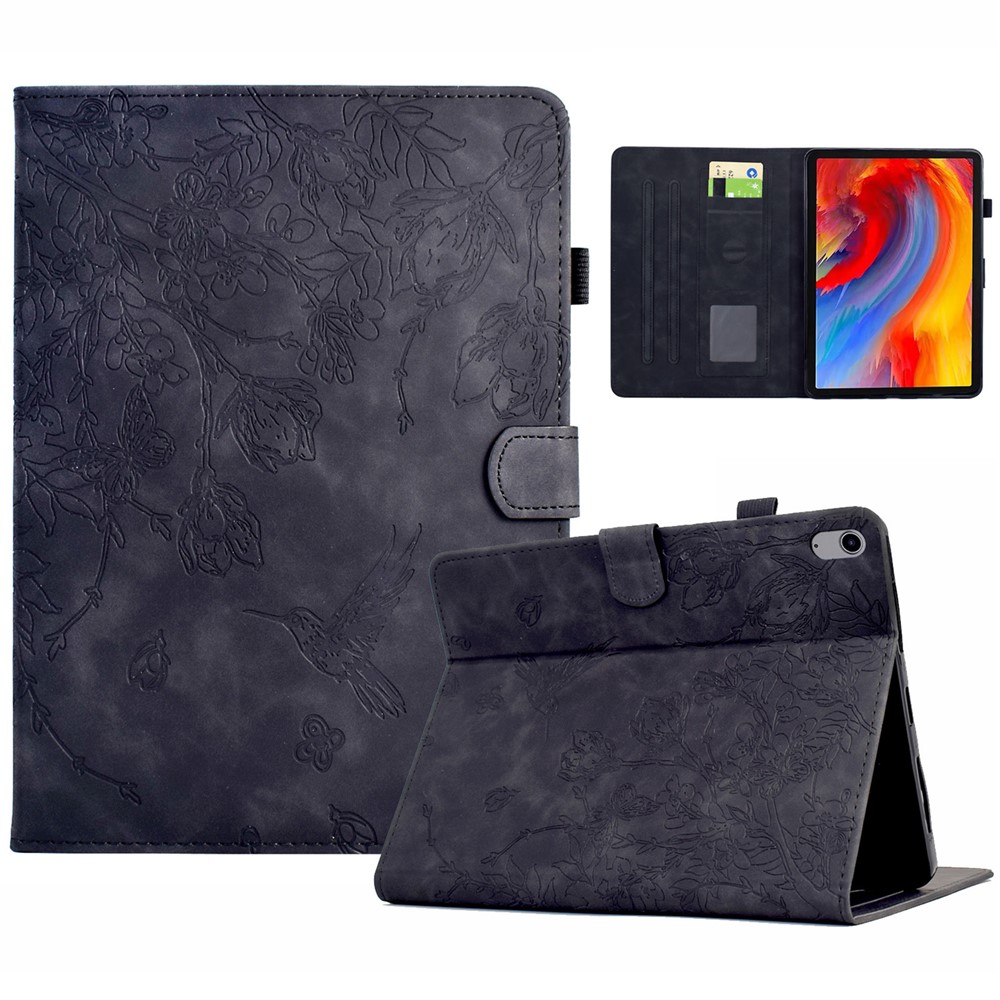 For iPad (2025) / 10.9 (2022) Case Flower Bird Imprinted Card Holder Leather Tablet Cover - Black