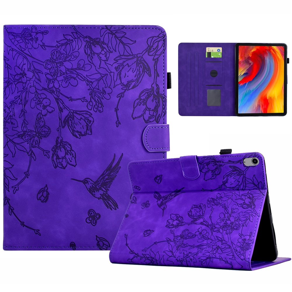For iPad (2025) / 10.9 (2022) Case Flower Bird Imprinted Card Holder Leather Tablet Cover - Purple