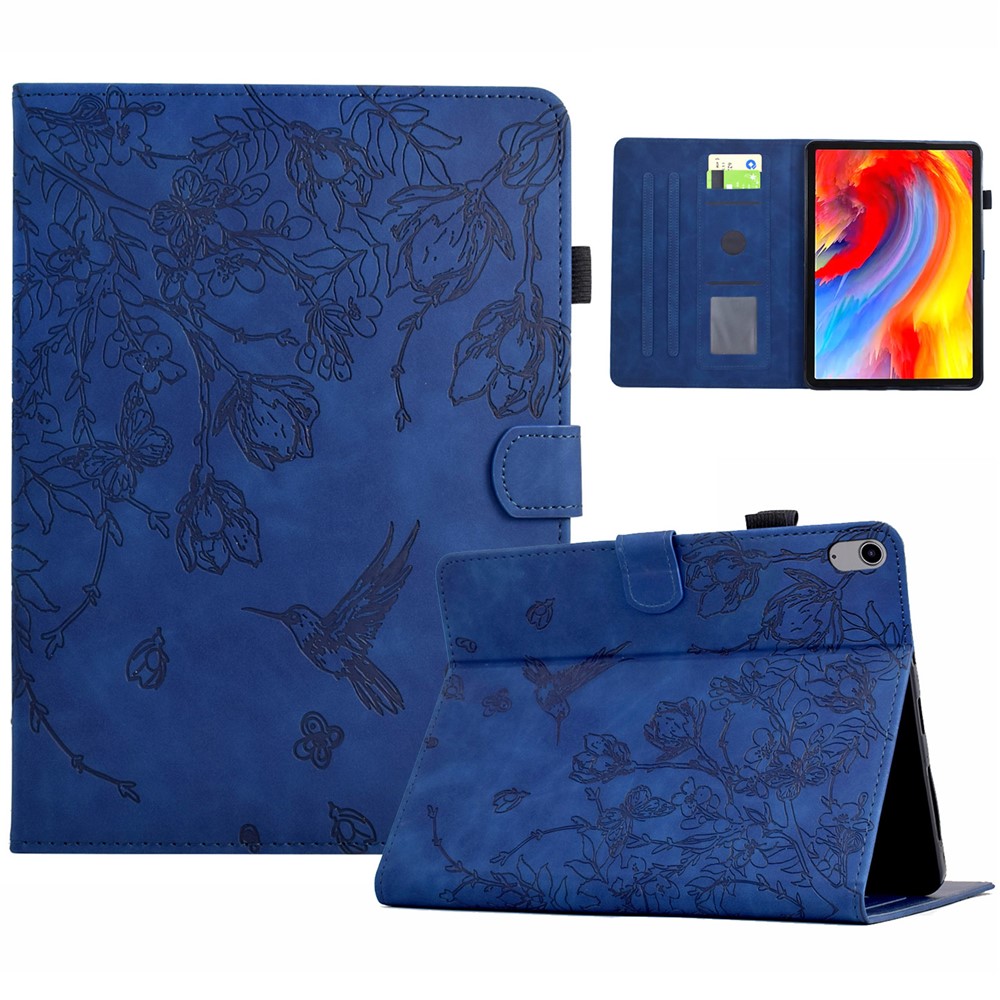 For iPad (2025) / 10.9 (2022) Case Flower Bird Imprinted Card Holder Leather Tablet Cover - Dark Blue