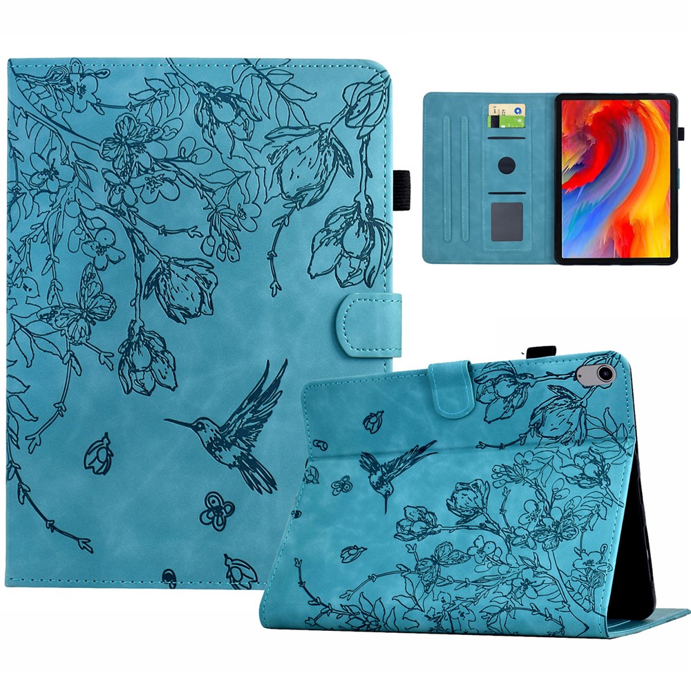 For iPad (2025) / 10.9 (2022) Case Flower Bird Imprinted Card Holder Leather Tablet Cover - Baby Blue