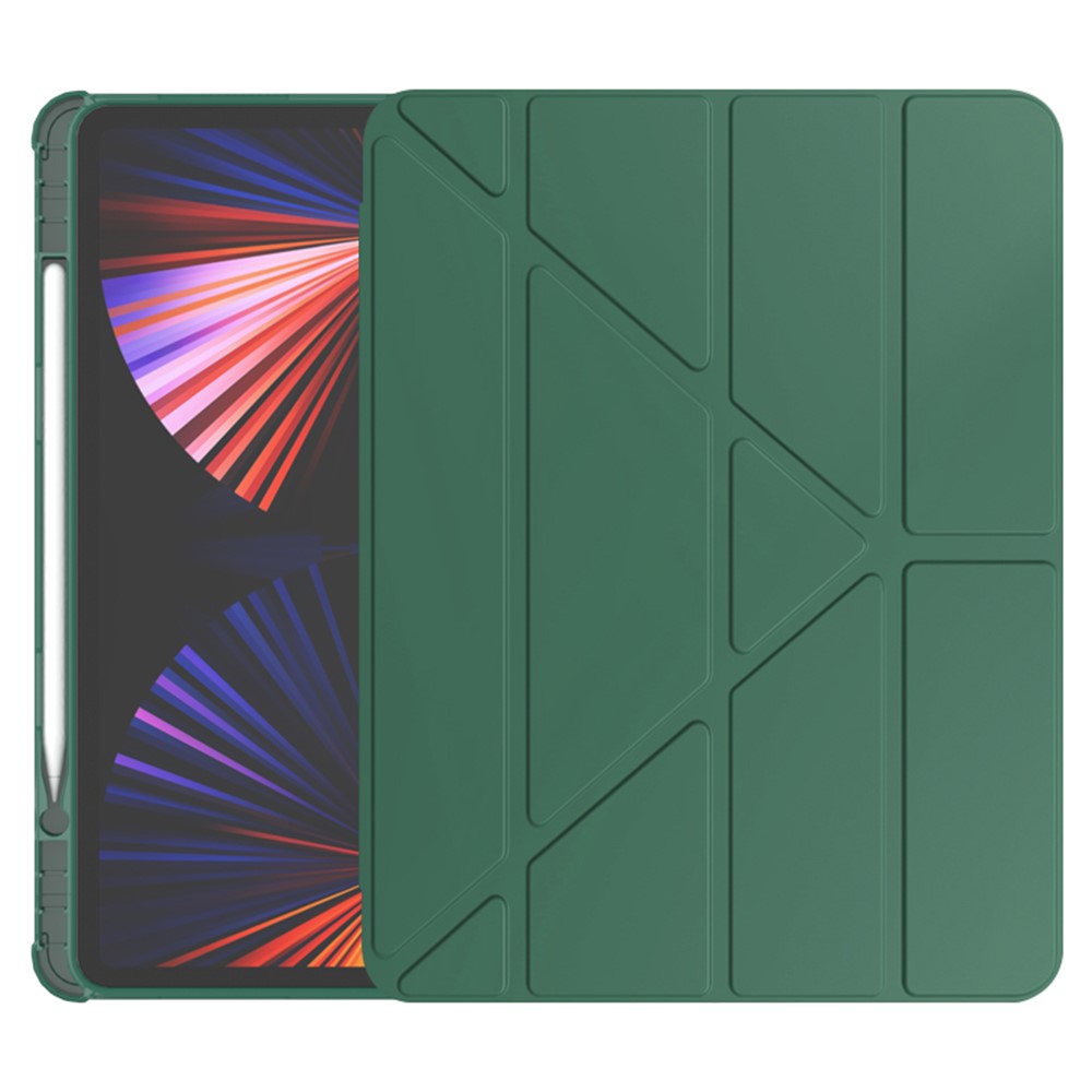 For iPad Pro 11 (2024) Case Origami Stand PU Leather+TPU Tablet Cover with Pen Slot - Midnight Green