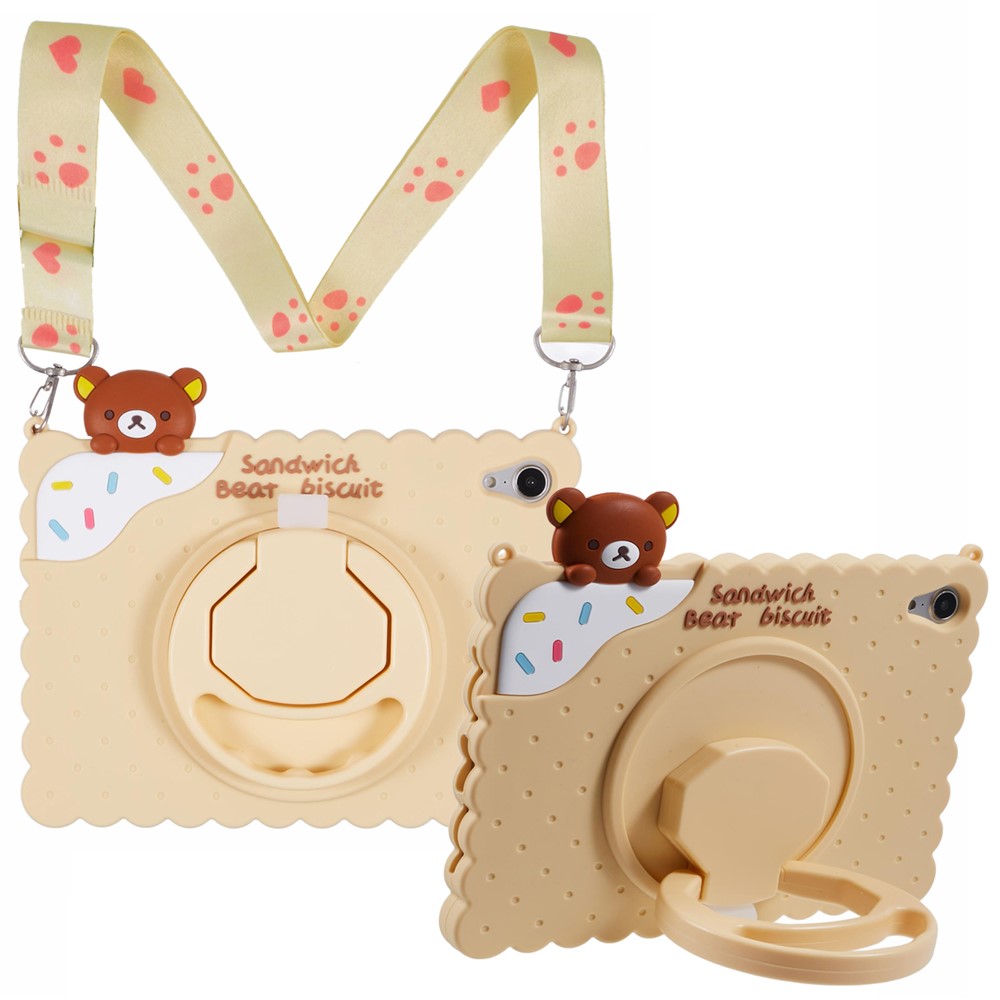 For iPad mini (2024) / mini (2021) Silicone Case Kickstand Cute Bear Tablet Cover with Shoulder Strap - Yellow