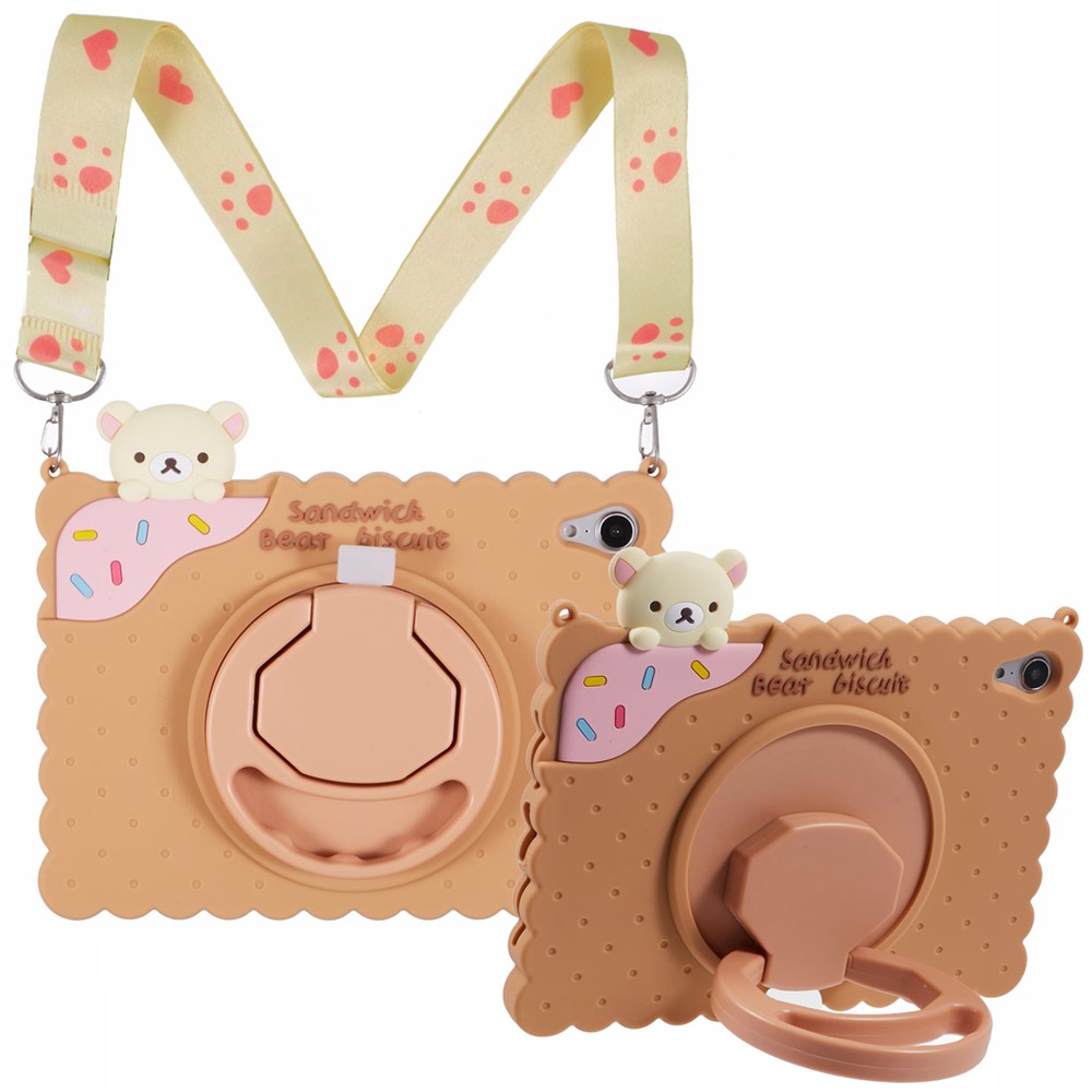 For iPad mini (2024) / mini (2021) Silicone Case Kickstand Cute Bear Tablet Cover with Shoulder Strap - Brown