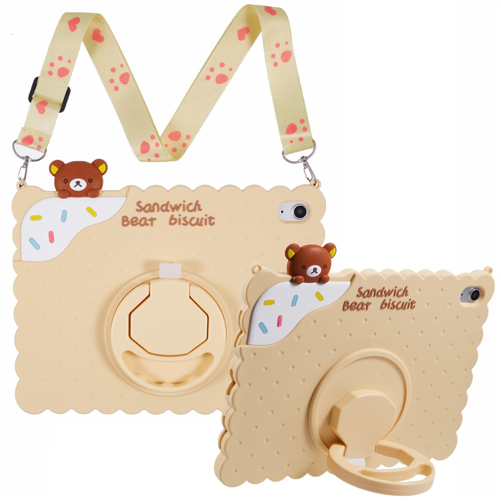 For iPad (2025) / 10.9 (2022) Silicone Case Kickstand Cute Bear Tablet Cover with Shoulder Strap - Yellow