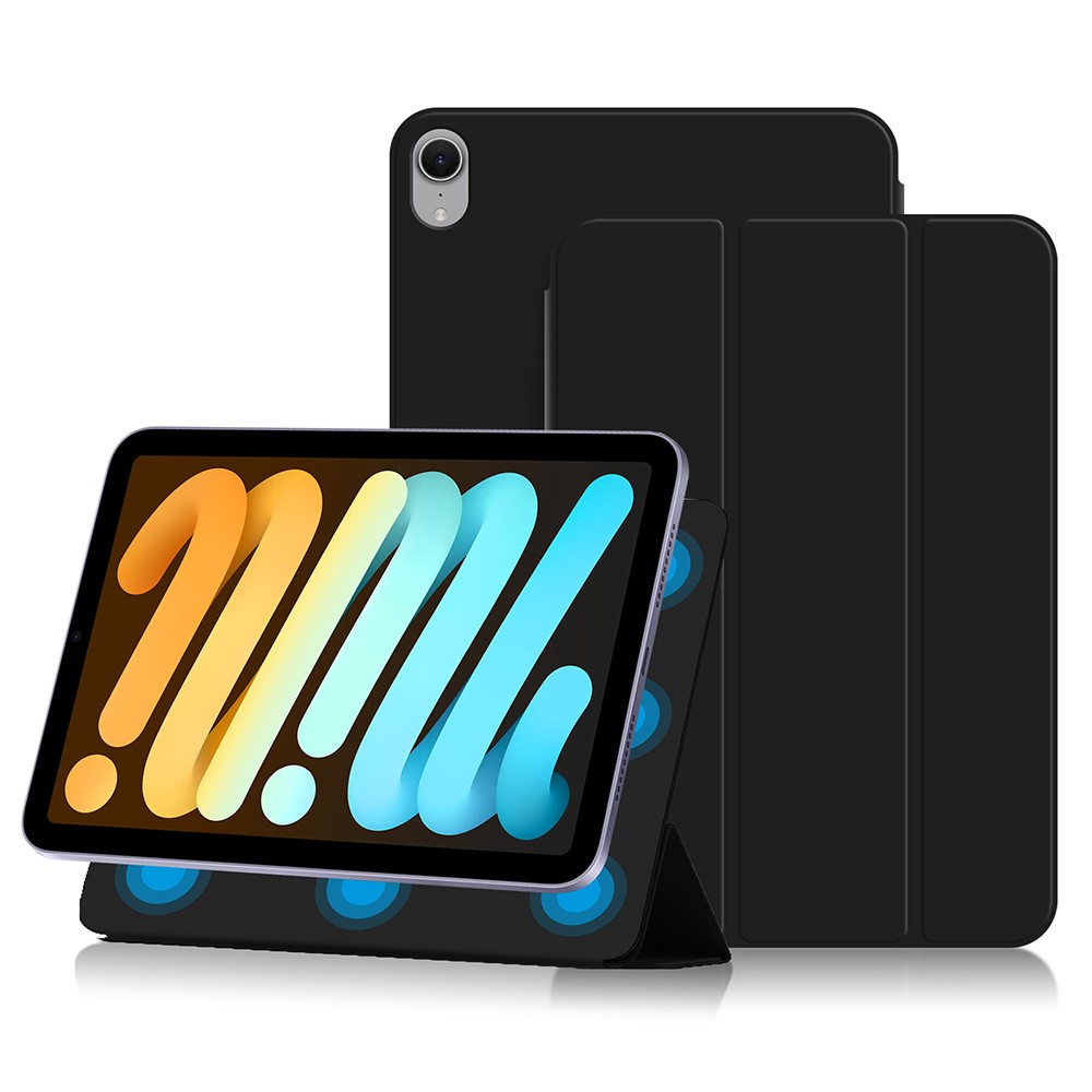 For iPad mini (2024) Case Magnetic Attachment PU Leather Tri-fold Stand Shockproof Cover - Black