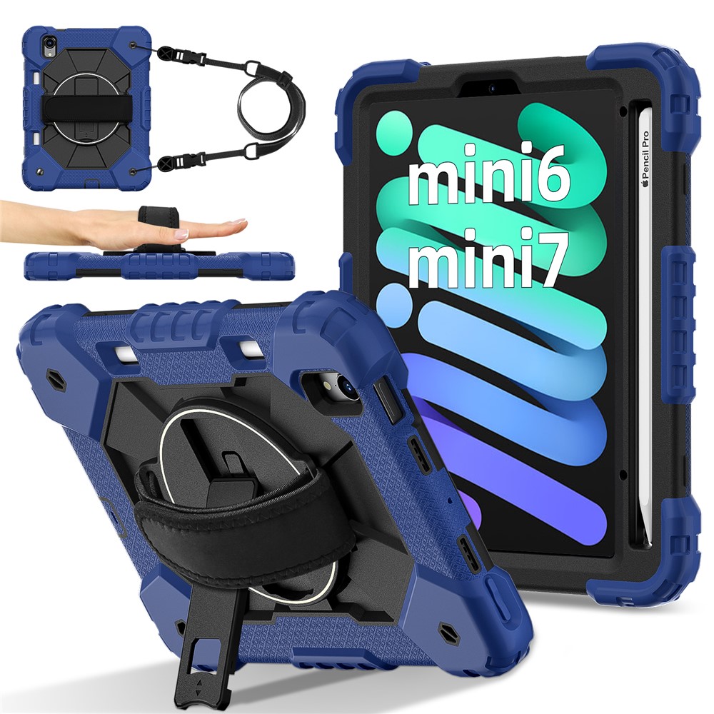 For iPad mini (2024) / (2021) Case Silicone+PC Kickstand Tablet Cover with Handy Strap - Navy Blue / Black