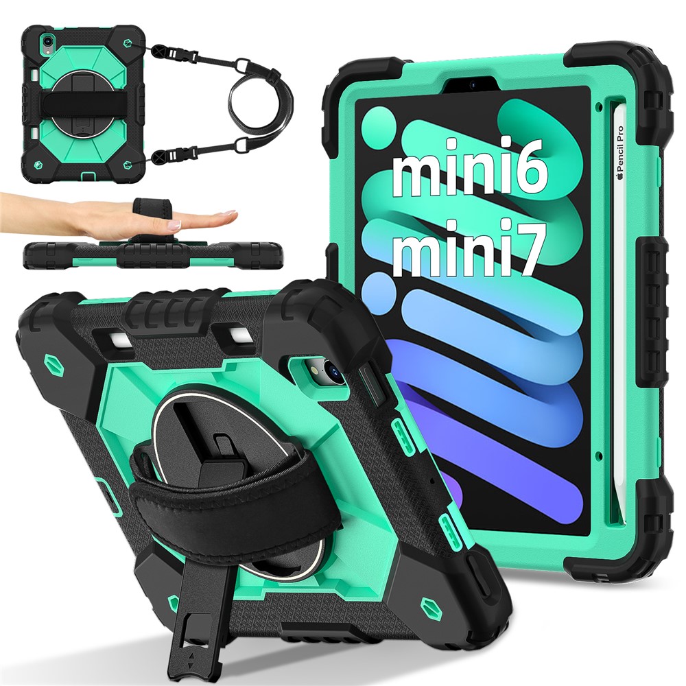 For iPad mini (2024) / (2021) Case Silicone+PC Kickstand Tablet Cover with Handy Strap - Black / Mint Green