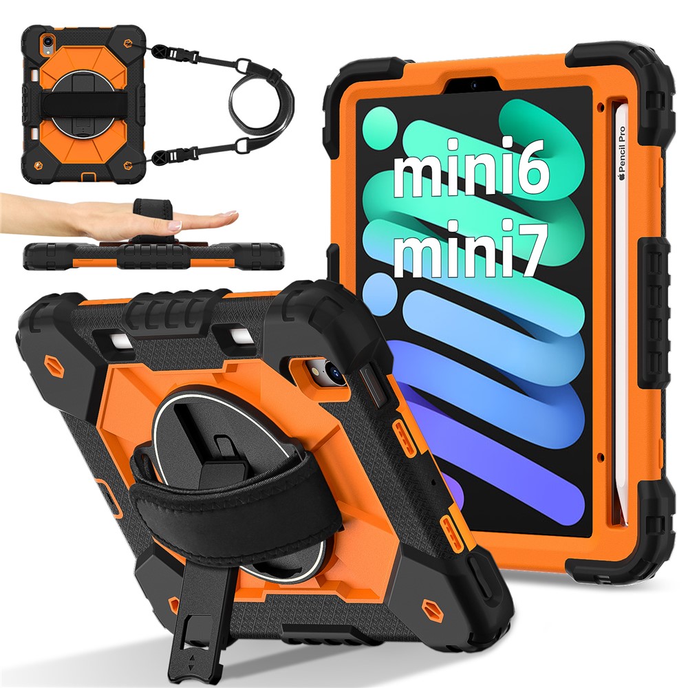 For iPad mini (2024) / (2021) Case Silicone+PC Kickstand Tablet Cover with Handy Strap - Black / Orange