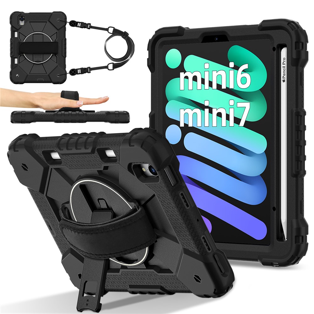 For iPad mini (2024) / (2021) Case Silicone+PC Kickstand Tablet Cover with Handy Strap - Black / Black