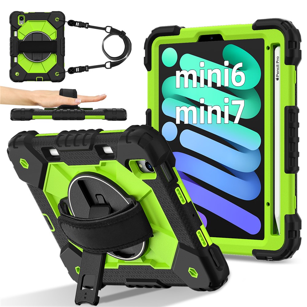 For iPad mini (2024) / (2021) Case Silicone+PC Kickstand Tablet Cover with Handy Strap - Black / Yellowgreen