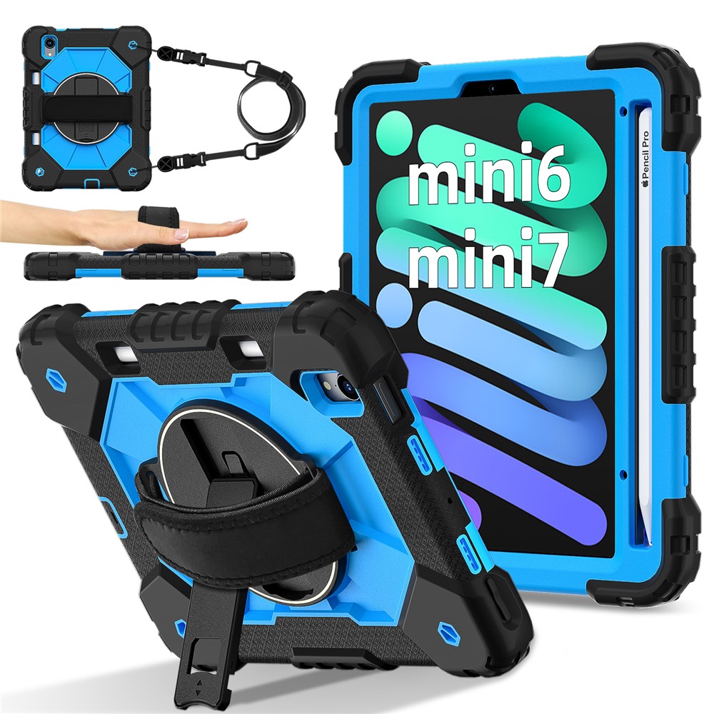 For iPad mini (2024) / (2021) Case Silicone+PC Kickstand Tablet Cover with Handy Strap - Black / Blue