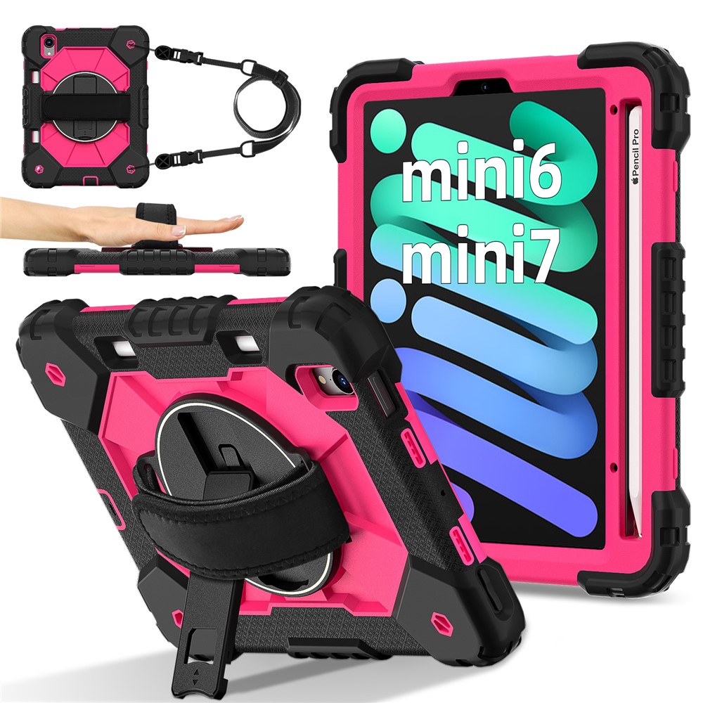For iPad mini (2024) / (2021) Case Silicone+PC Kickstand Tablet Cover with Handy Strap - Black / Rose