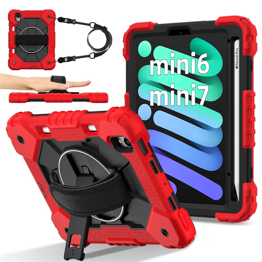 For iPad mini (2024) / (2021) Case Silicone+PC Kickstand Tablet Cover with Handy Strap - Red / Black