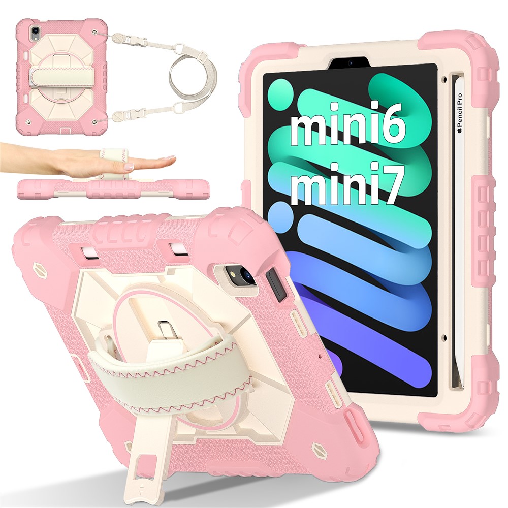 For iPad mini (2024) / (2021) Case Silicone+PC Kickstand Tablet Cover with Handy Strap - Rose Gold