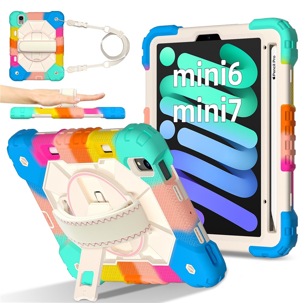 For iPad mini (2024) / (2021) Case Silicone+PC Kickstand Tablet Cover with Handy Strap - Colorful / Blue
