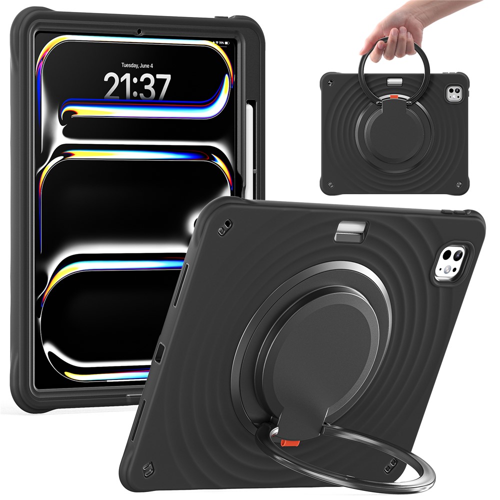 For iPad Pro 13 (2024) Case Rotatable Hand Grip Kickstand PC+Silicone+TPU Tablet Cover - Black