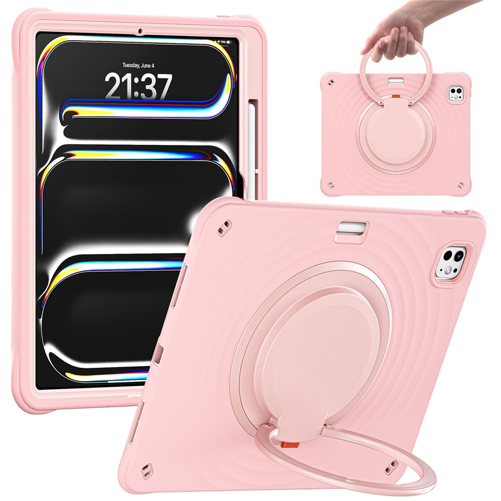 For iPad Pro 13 (2024) Case Rotatable Hand Grip Kickstand PC+Silicone+TPU Tablet Cover - Pink