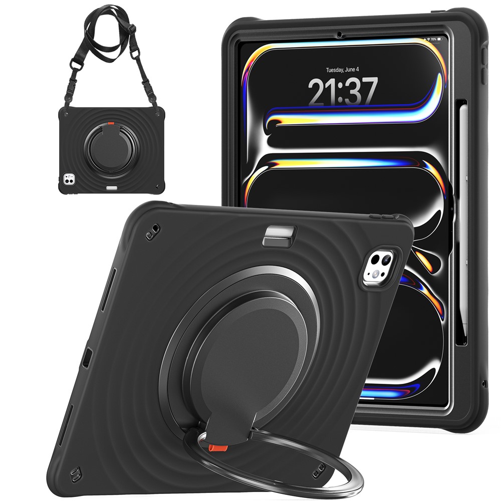 For iPad Pro 13 (2024) Case with Shoulder Strap Kickstand PC+Silicone+TPU Tablet Cover - Black
