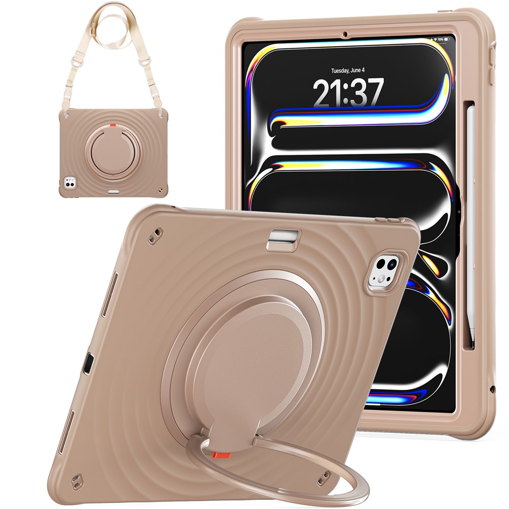 For iPad Pro 13 (2024) Case with Shoulder Strap Kickstand PC+Silicone+TPU Tablet Cover - Latte Color