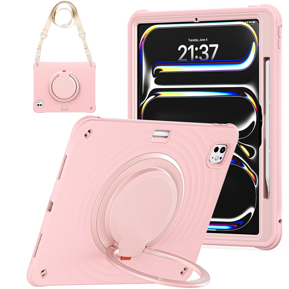 For iPad Pro 13 (2024) Case with Shoulder Strap Kickstand PC+Silicone+TPU Tablet Cover - Pink