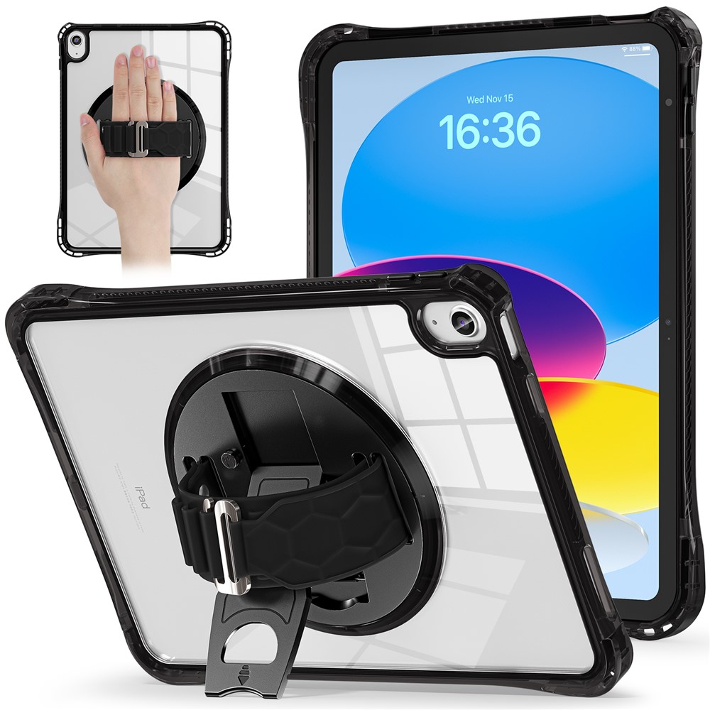 For iPad (2025) / 10.9 (2022) Case Hand Strap Kickstand PC+TPU+Acrylic Clear Tablet Cover - Black