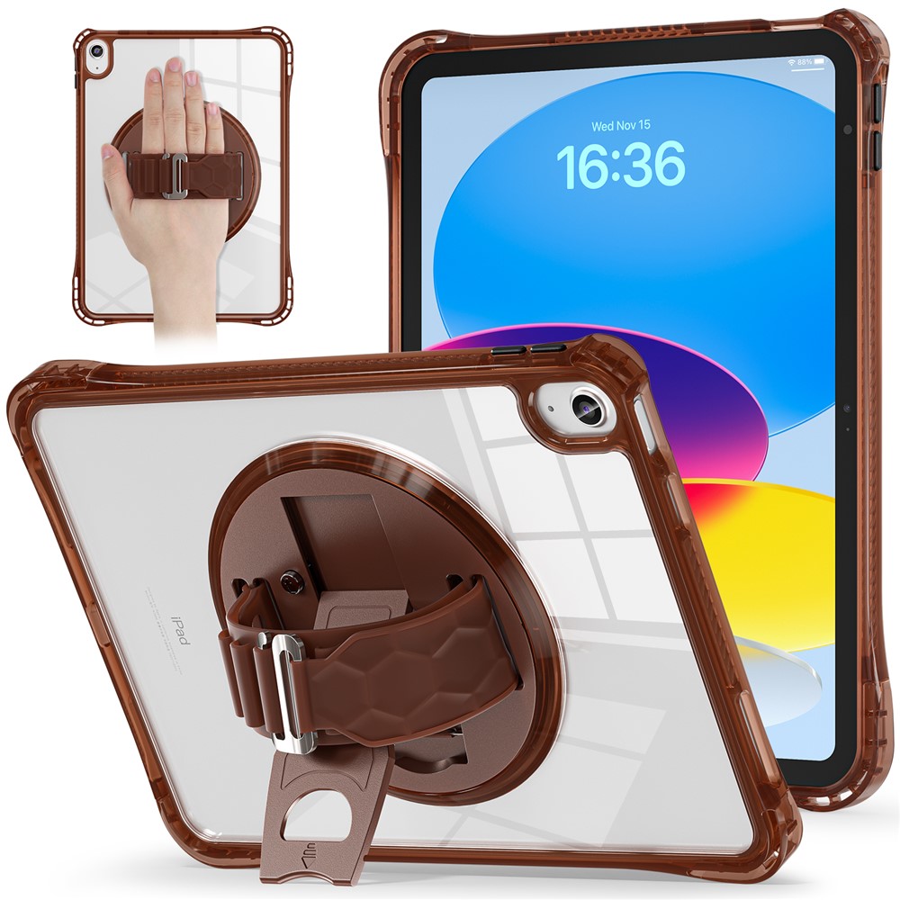 For iPad (2025) / 10.9 (2022) Case Hand Strap Kickstand PC+TPU+Acrylic Clear Tablet Cover - Chocolate Color