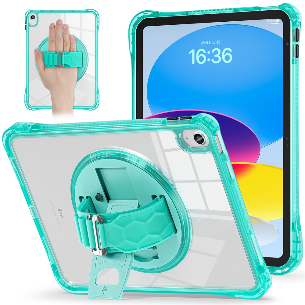 For iPad (2025) / 10.9 (2022) Case Hand Strap Kickstand PC+TPU+Acrylic Clear Tablet Cover - Light Green