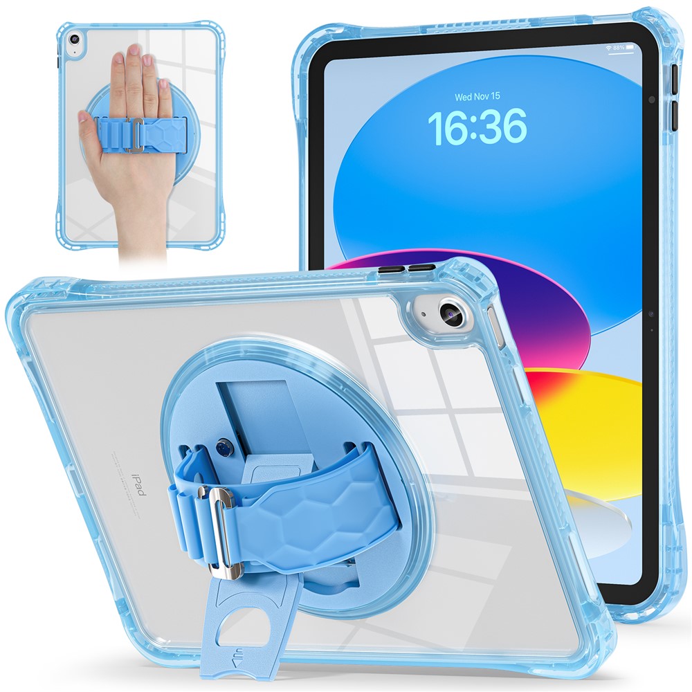 For iPad (2025) / 10.9 (2022) Case Hand Strap Kickstand PC+TPU+Acrylic Clear Tablet Cover - Baby Blue