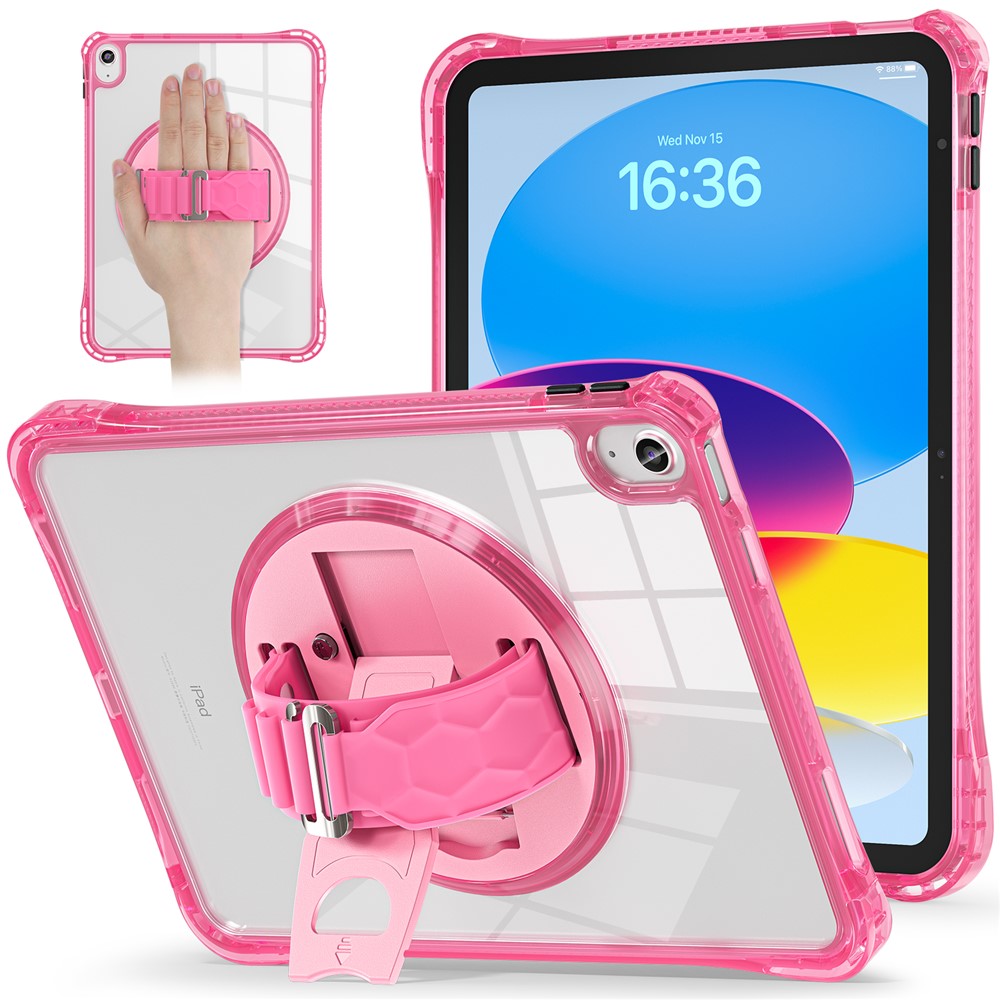 For iPad (2025) / 10.9 (2022) Case Hand Strap Kickstand PC+TPU+Acrylic Clear Tablet Cover - Rose