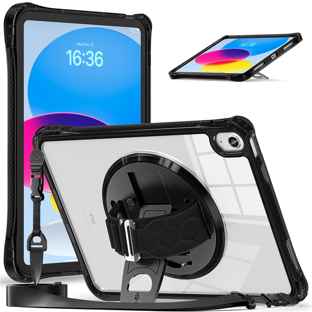 For iPad (2025) / 10.9 (2022) Kickstand Case Hand Strap PC+TPU+Acrylic Cover with Shoulder Strap - Black