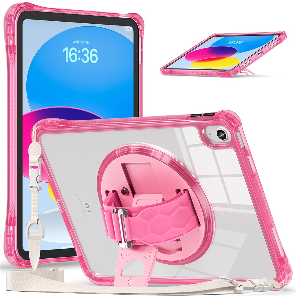 For iPad (2025) / 10.9 (2022) Kickstand Case Hand Strap PC+TPU+Acrylic Cover with Shoulder Strap - Rose