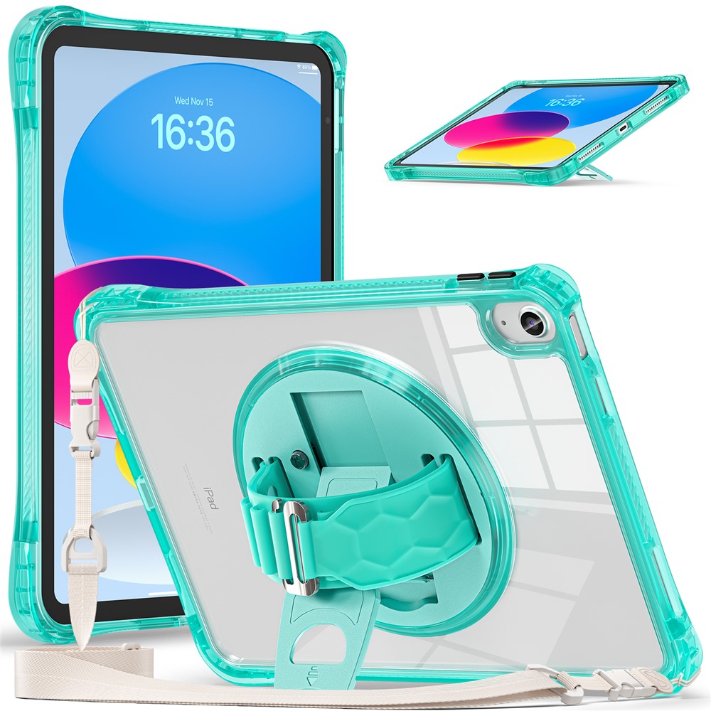For iPad (2025) / 10.9 (2022) Kickstand Case Hand Strap PC+TPU+Acrylic Cover with Shoulder Strap - Light Green