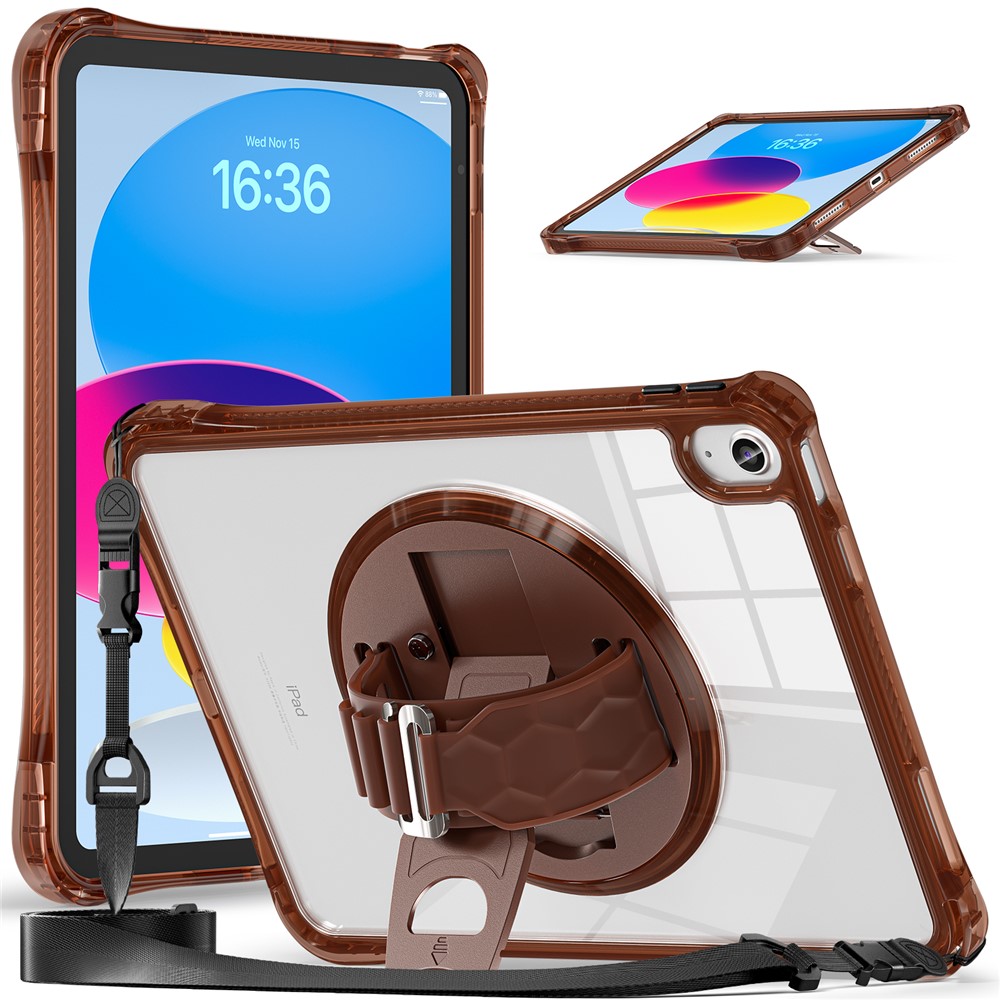 For iPad (2025) / 10.9 (2022) Kickstand Case Hand Strap PC+TPU+Acrylic Cover with Shoulder Strap - Chocolate Color