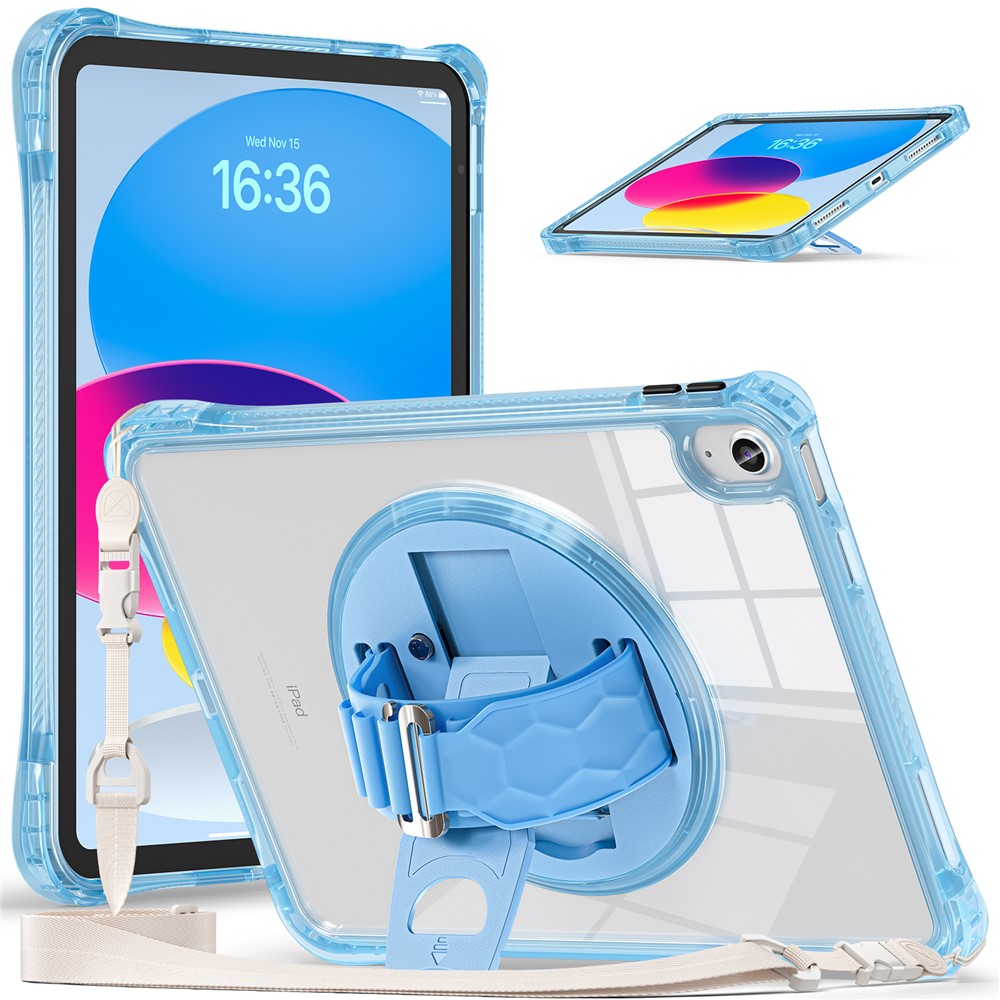For iPad (2025) / 10.9 (2022) Kickstand Case Hand Strap PC+TPU+Acrylic Cover with Shoulder Strap - Baby Blue