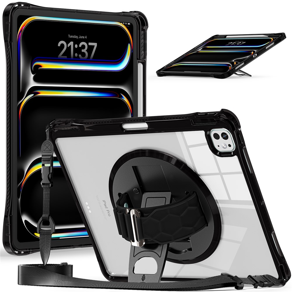 For iPad Pro 13 (2024) Kickstand Case Hand Strap PC+TPU+Acrylic Cover with Shoulder Strap - Black