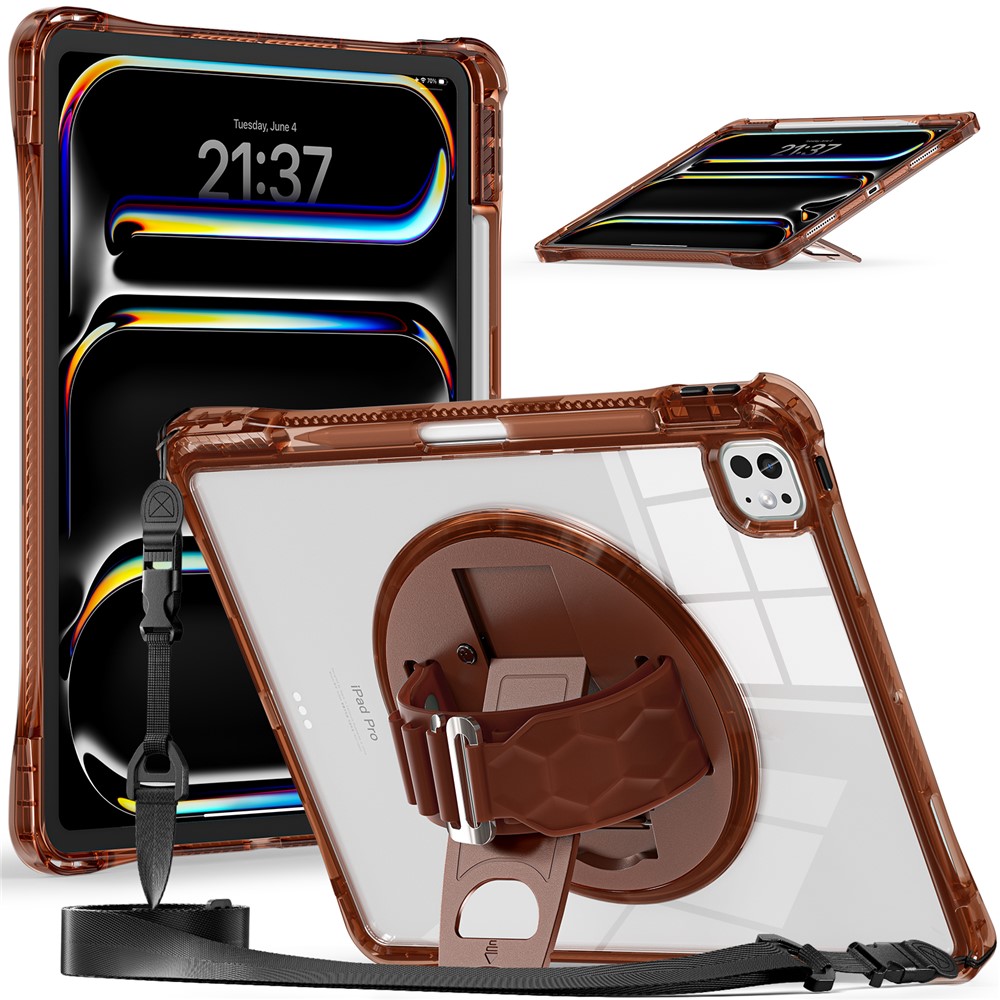 For iPad Pro 13 (2024) Kickstand Case Hand Strap PC+TPU+Acrylic Cover with Shoulder Strap - Chocolate Color
