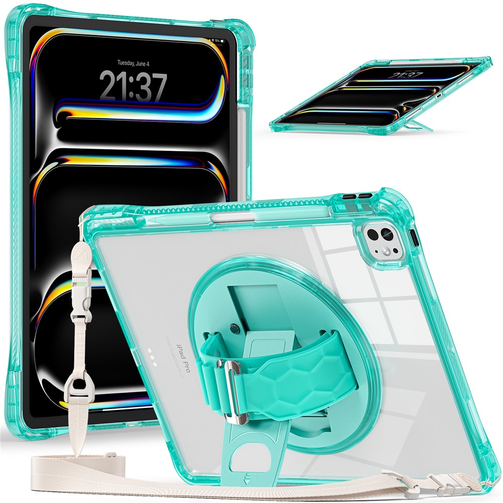 For iPad Pro 13 (2024) Kickstand Case Hand Strap PC+TPU+Acrylic Cover with Shoulder Strap - Light Green
